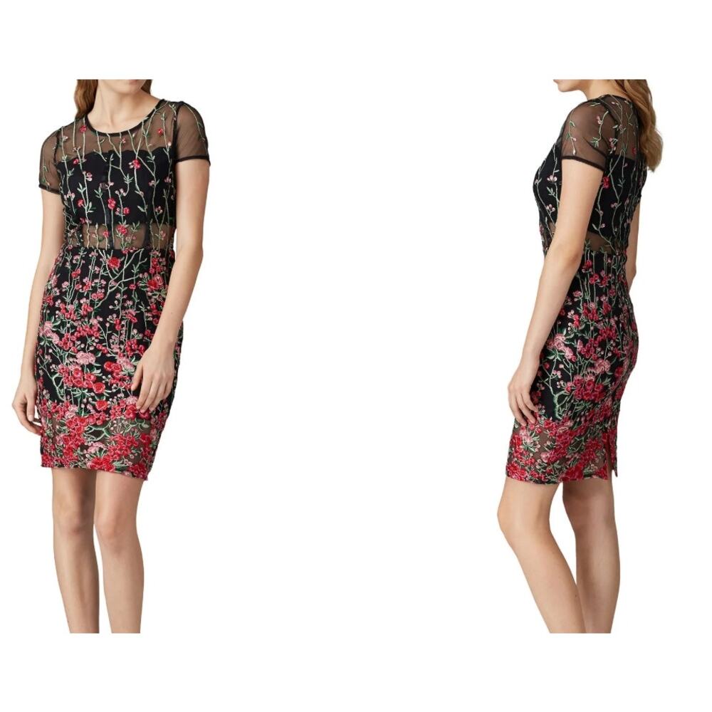 VONE Black Pink lace brocade Short sleeve embroidered Floral Arlan Midi Dress 12
